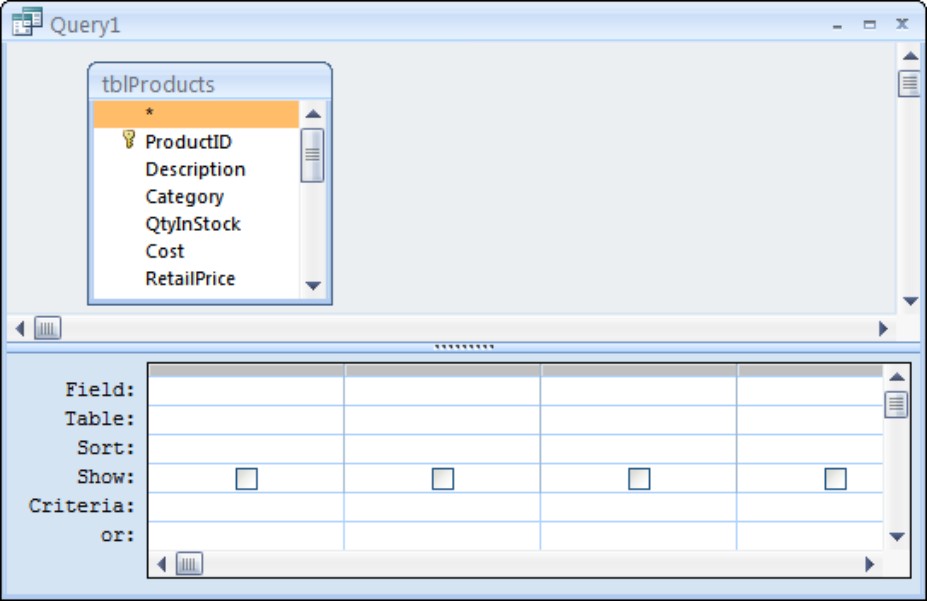 The Query Design window with tblProducts added to the Query Designer.